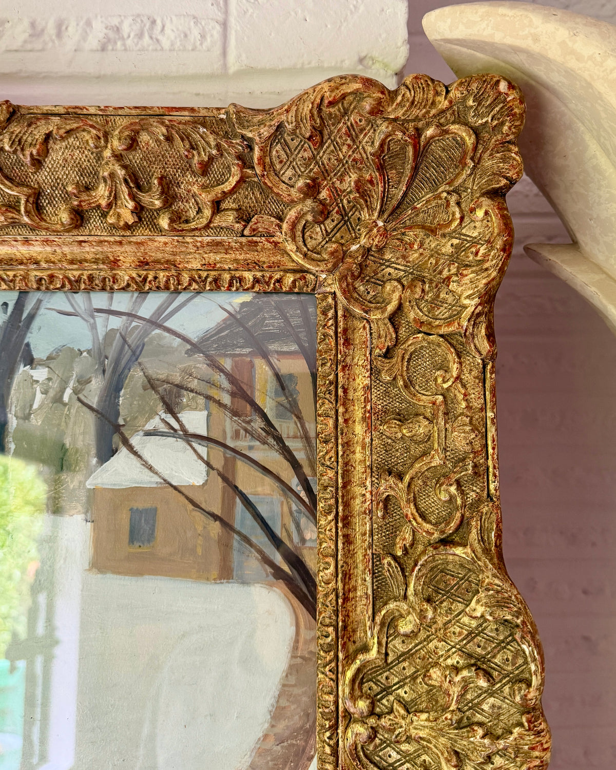 20th Century American John Mart Opie (b. 1936) Winter Scene With Yellow Car, 1970s. Antique Ornate Frame
