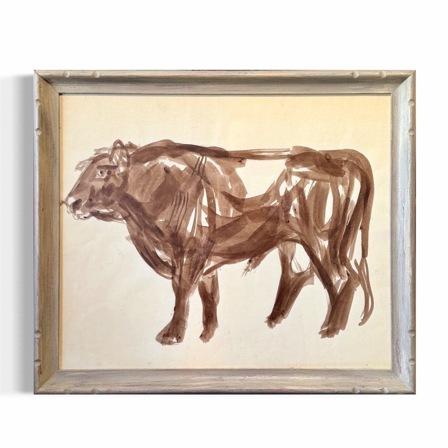 1950s Ink Wash Cow Painting On Paper, Eunice Parsons (1916-2024) in Period Wood Frame
