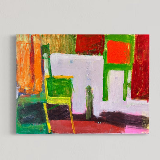 Margie Lee Abstracted Interior with Green Chairs on Board