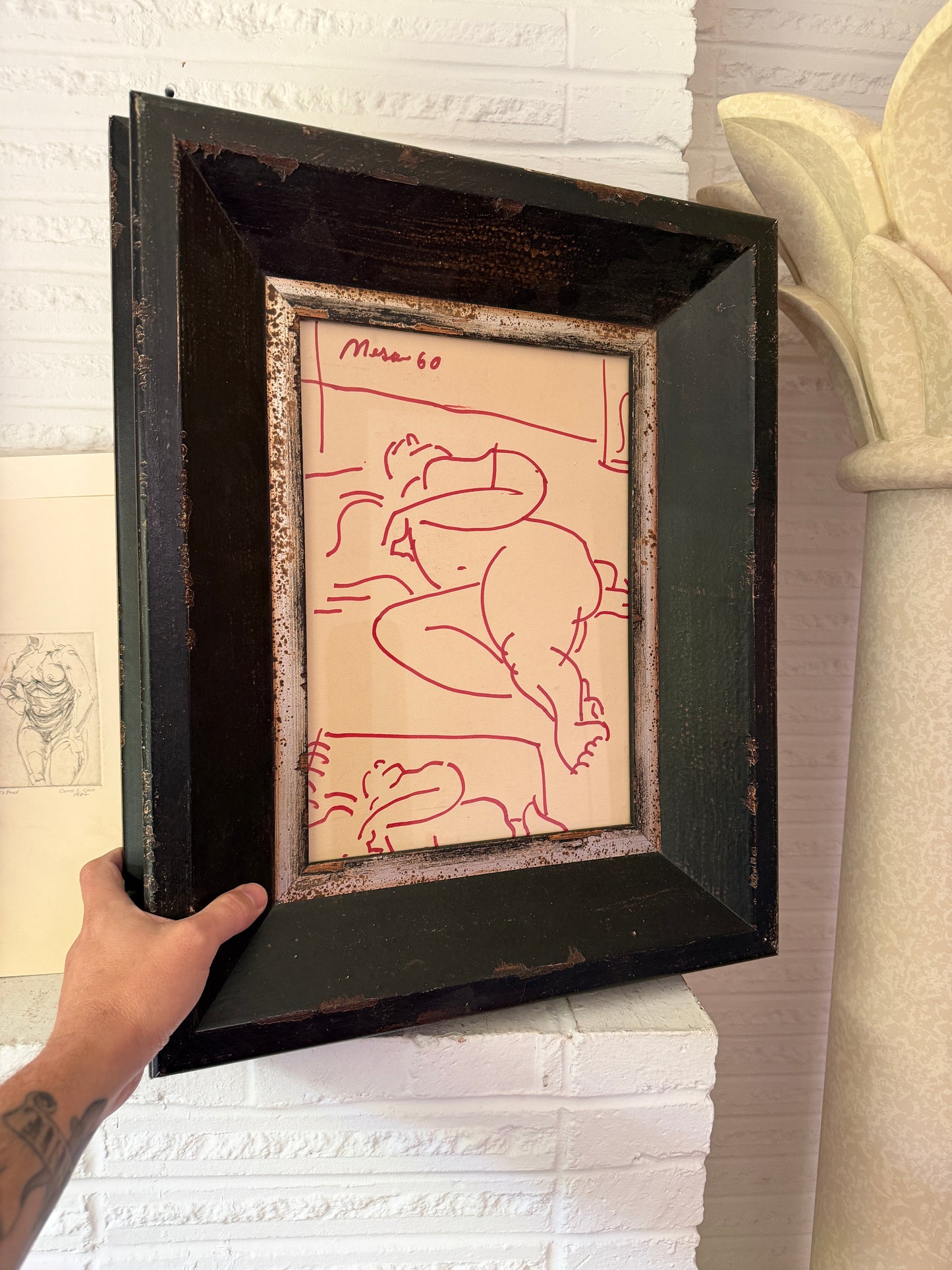 Mid 20th Century Abstract Figure Line Drawing, Herald Mesibov, Chunky Italian Frame