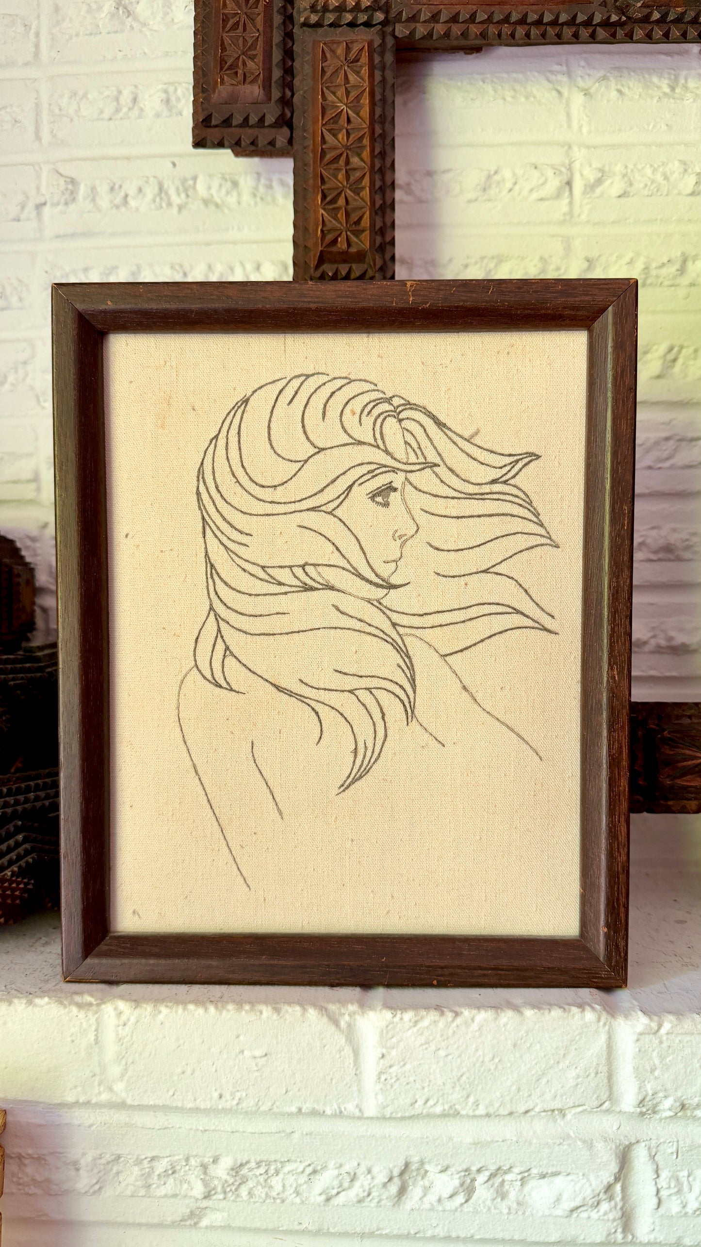 Circa 1970s Hand Embroidered Portrait on Canvas, Framed