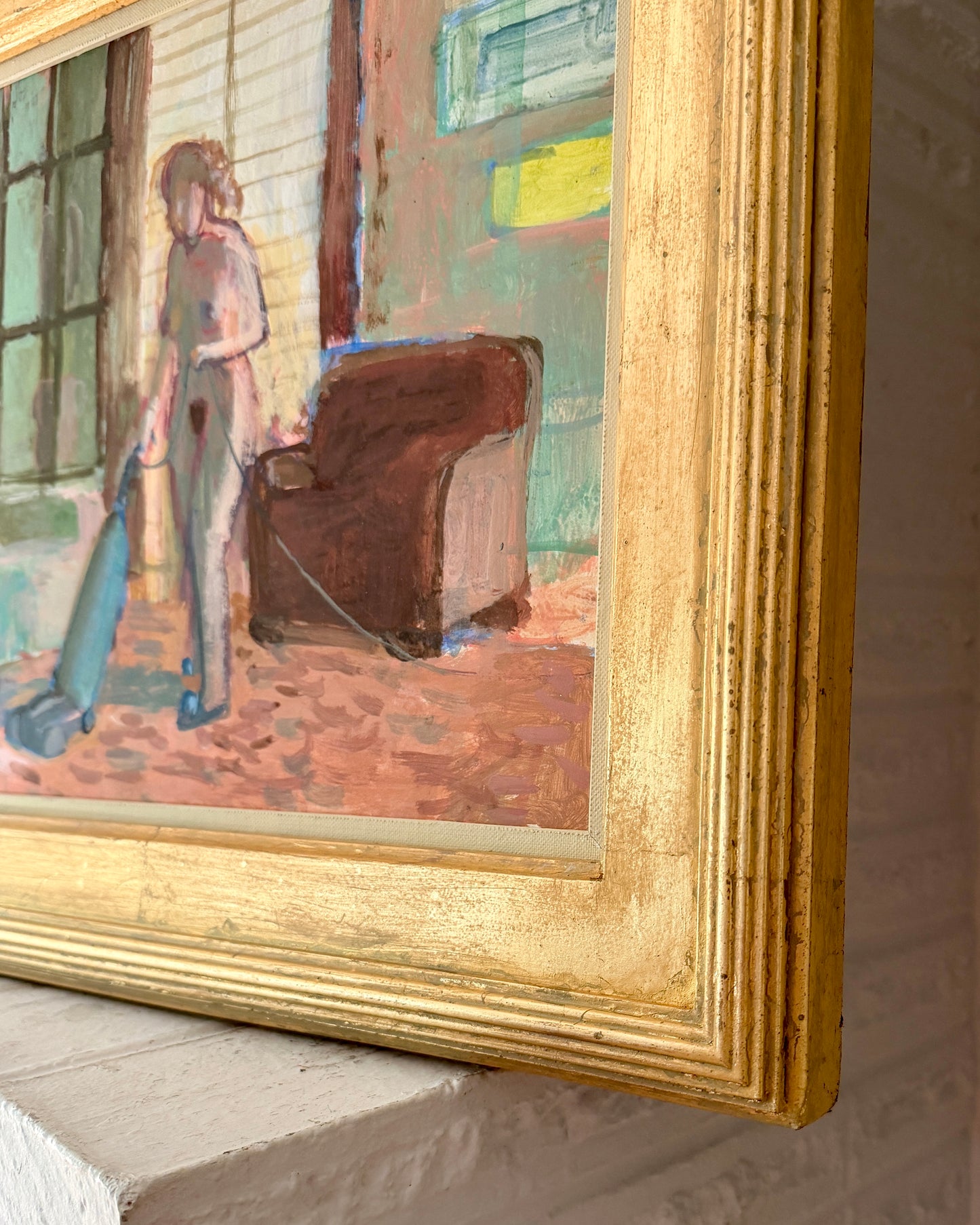 20th Century American John Mart Opie (b. 1936) Nude Vacuuming Painting on Board, Artist Framed