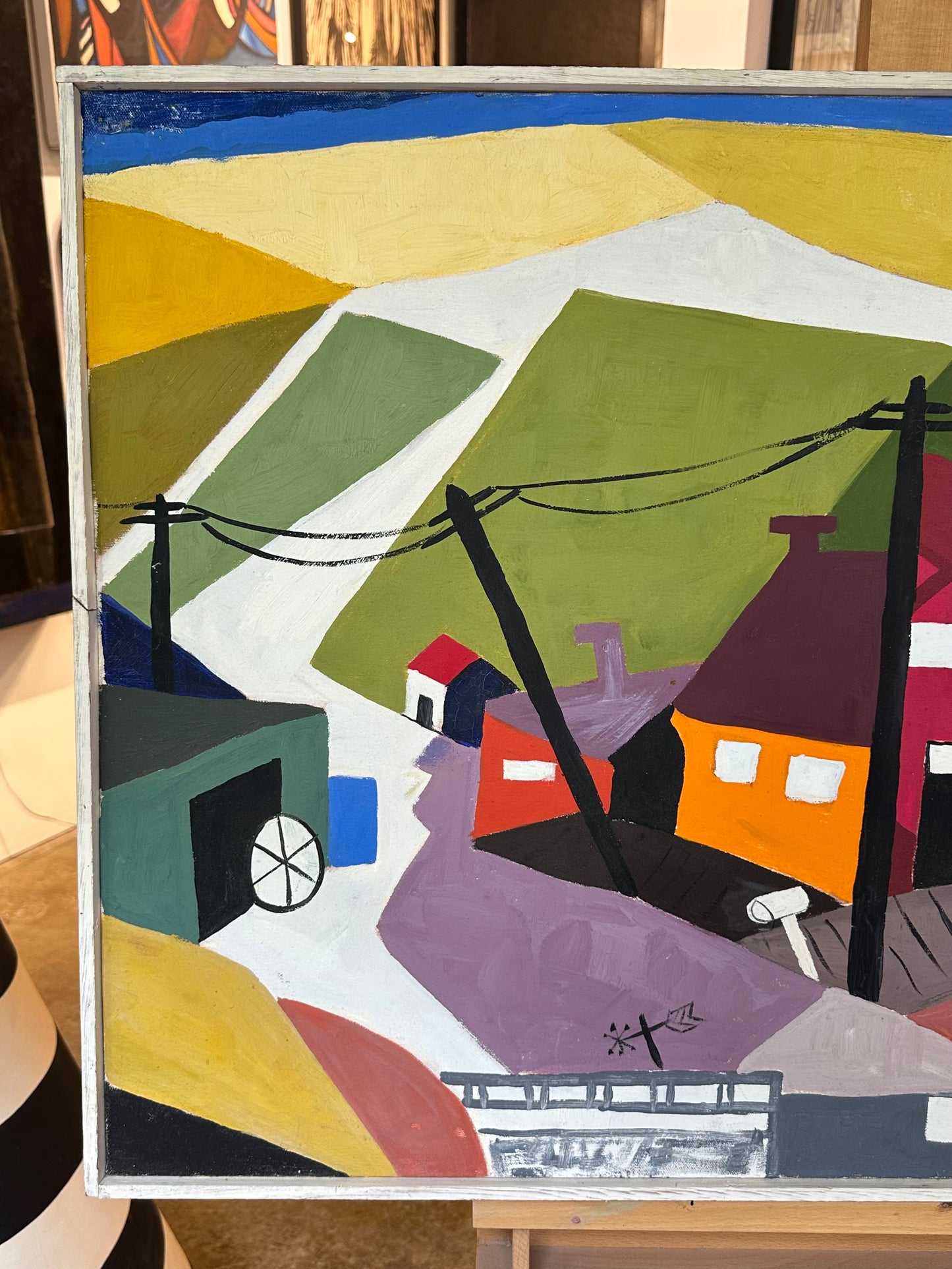 Mid 20th Century Abstract Cubist Street Scene Painting on Canvas