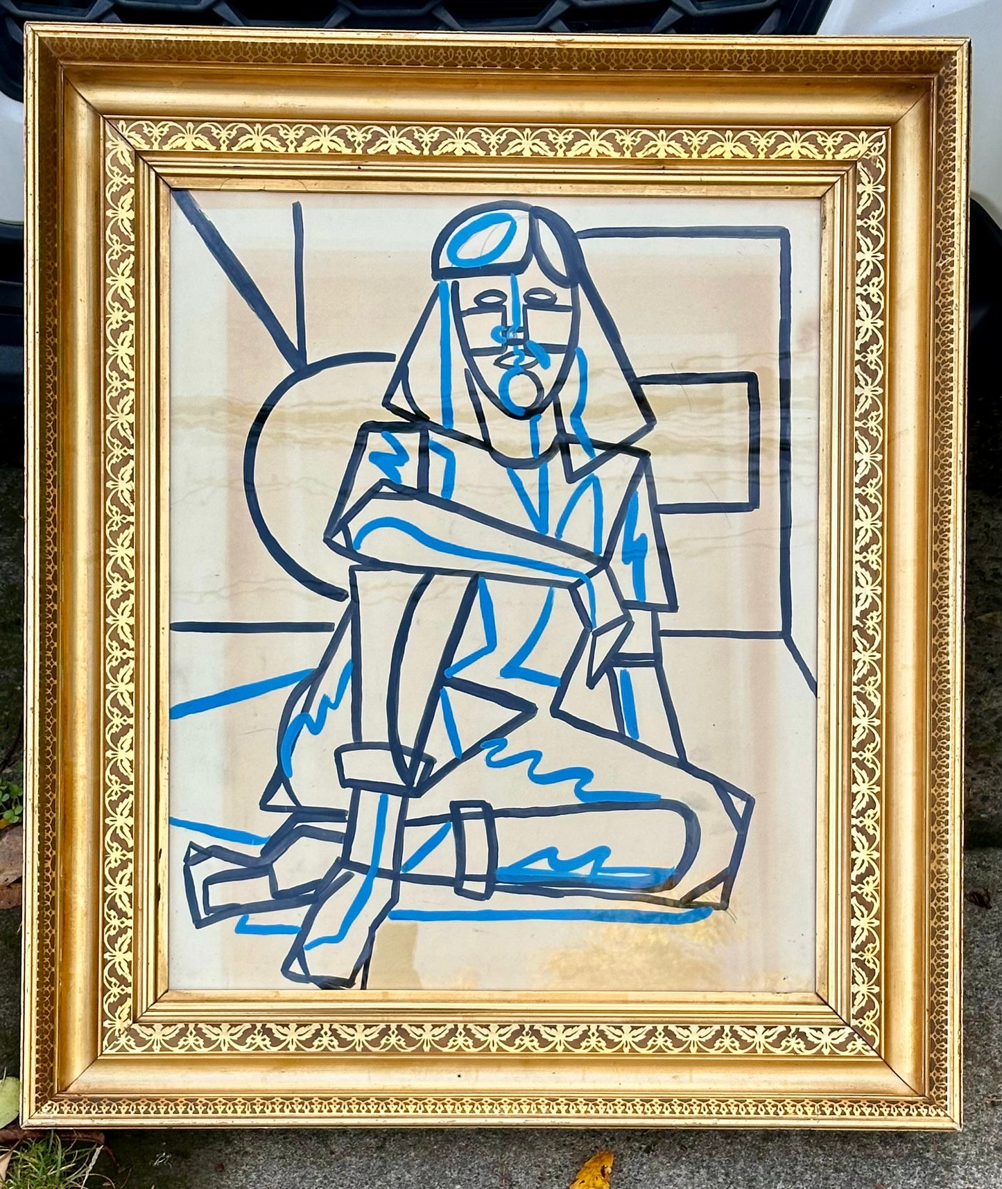 1960s Abstract Figurative Paint on Paper in Large 19th Century Gilt Frame