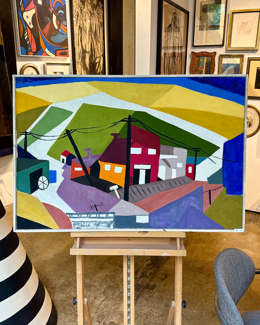 Mid 20th Century Abstract Cubist Street Scene Painting on Canvas