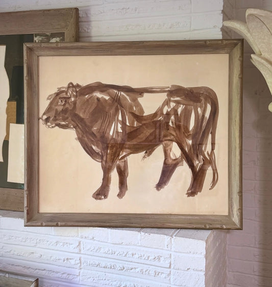 1950s Ink Wash Cow Painting On Paper, Eunice Parsons (1916-2024) in Period Wood Frame