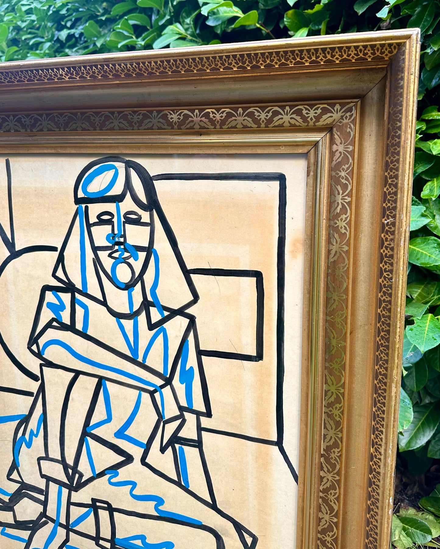 1960s Abstract Figurative Paint on Paper in Large 19th Century Gilt Frame