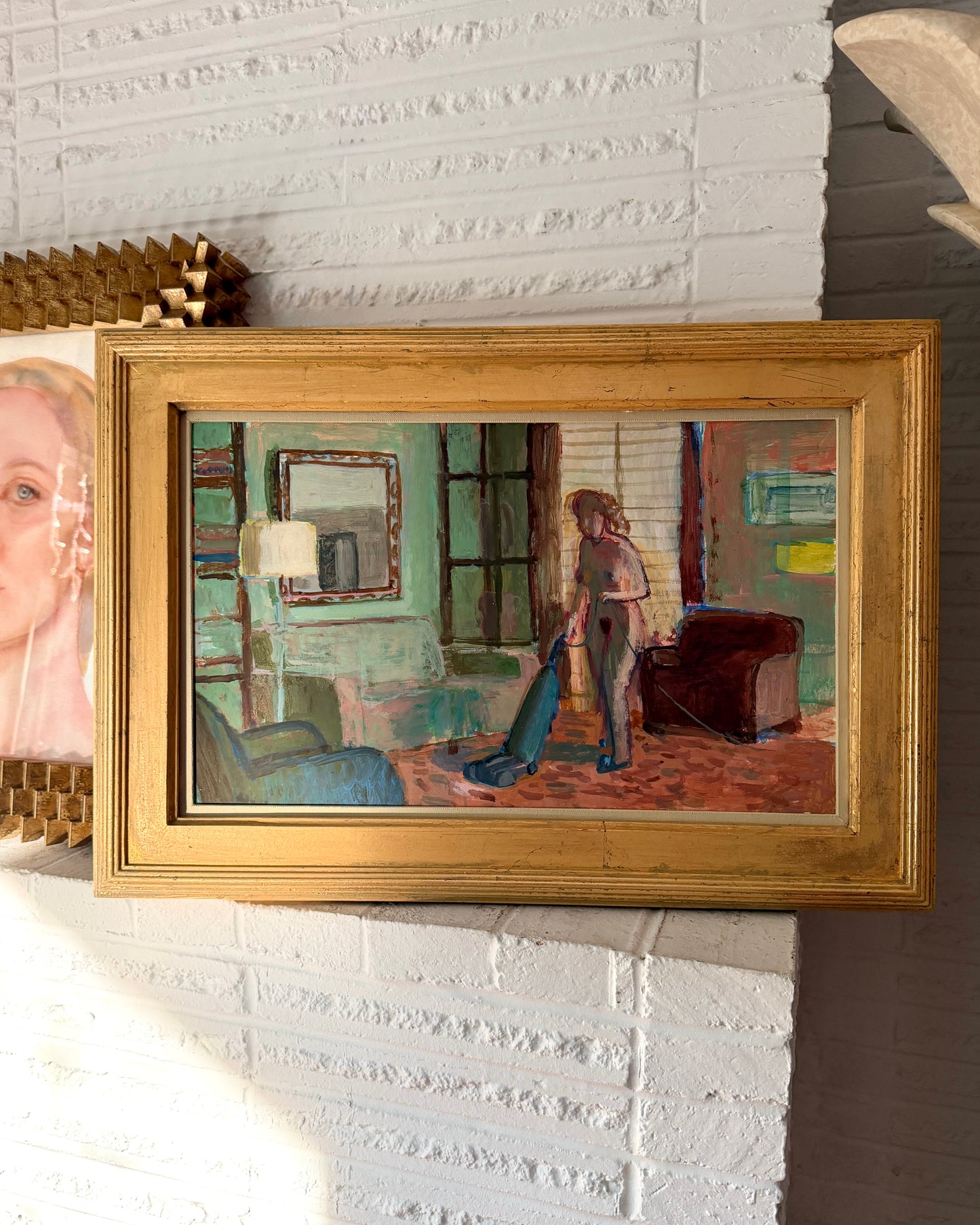 20th Century American John Mart Opie (b. 1936) Nude Vacuuming Painting on Board, Artist Framed