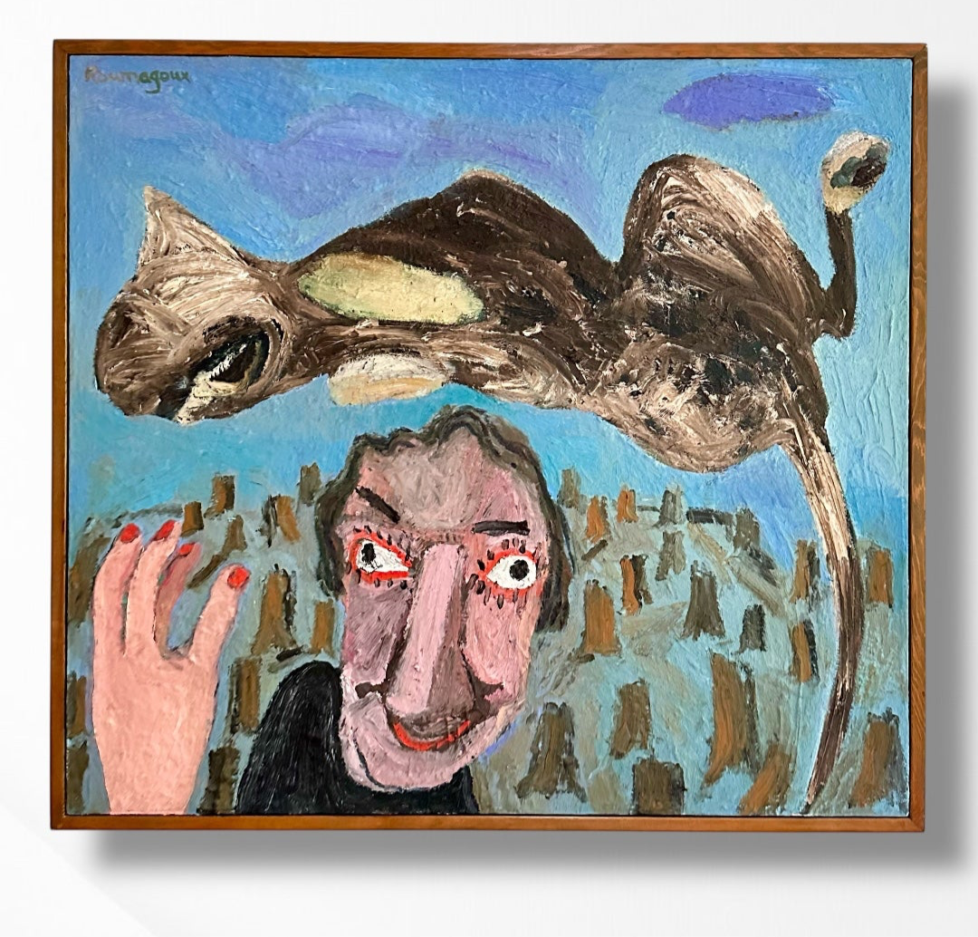 “Dog Toss” 1997 large scale Oil on Canvas by Sandy Roumagoux