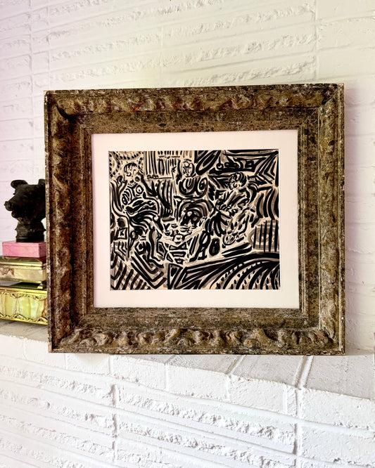 1961 ink on paper abstract drawing, signed, Vintage French frame