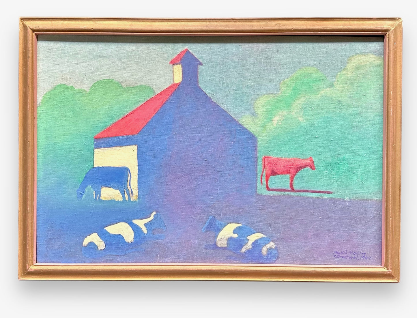 Landscape with Cows Oil on Canvas Painting by Phyllis Manley 1984