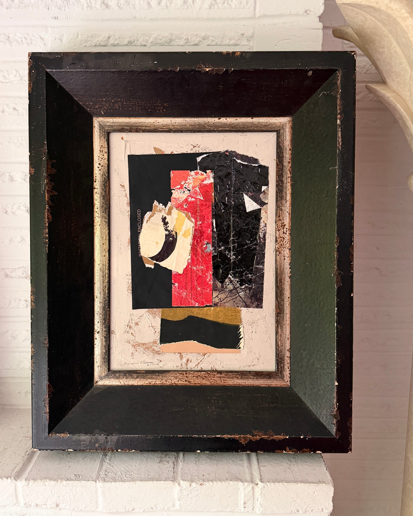 Eunice Jensen Parsons (1916-2024) Modernist Mixed Media Collage 2010, Distressed Solid Wood Italian Frame