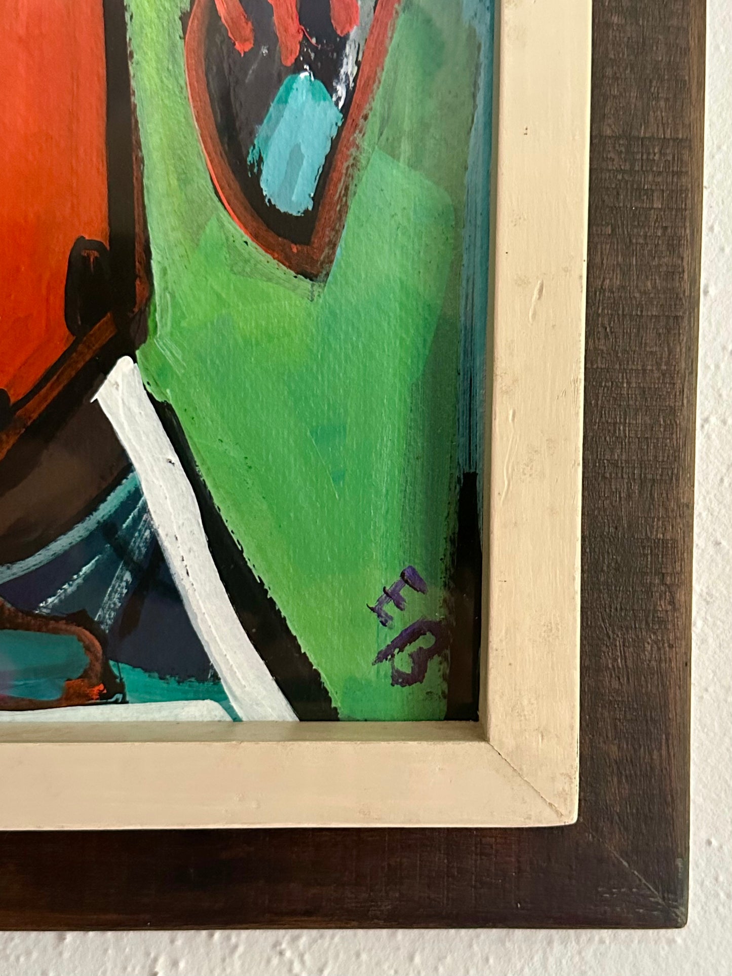 1960s Abstract Painting on Paper in Vintage Modernist Wood Frame