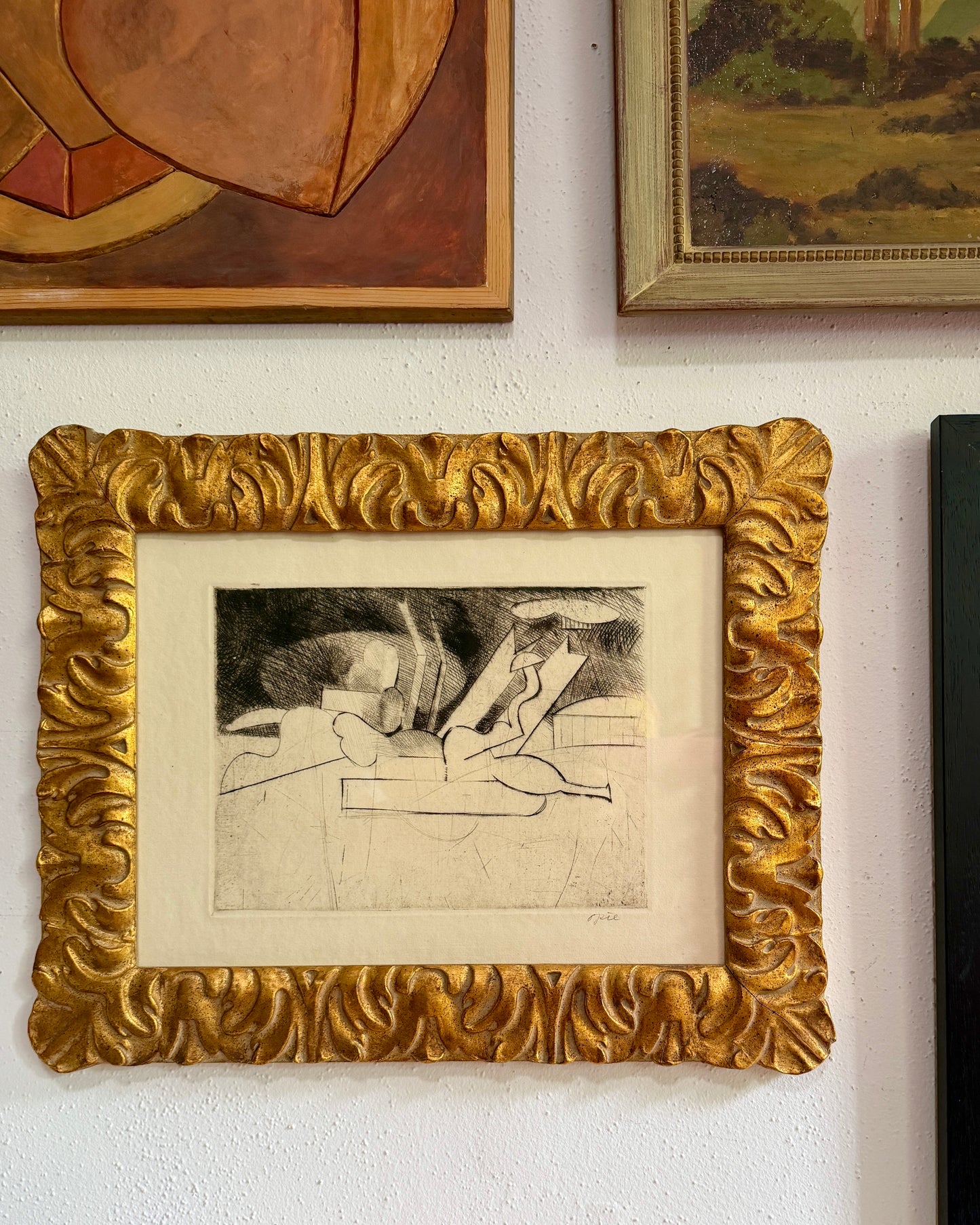 1950s John Mart Opie (b.1936) signed intaglio in Ornate carved wood gilt frame
