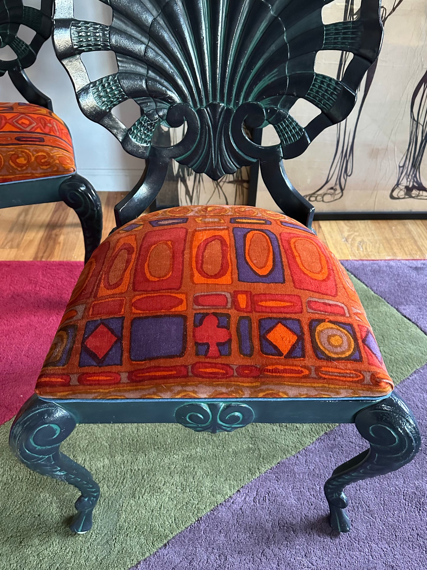 Pair of Vintage Grotto Chairs with Jack Lenor Larsen Upholstered seats