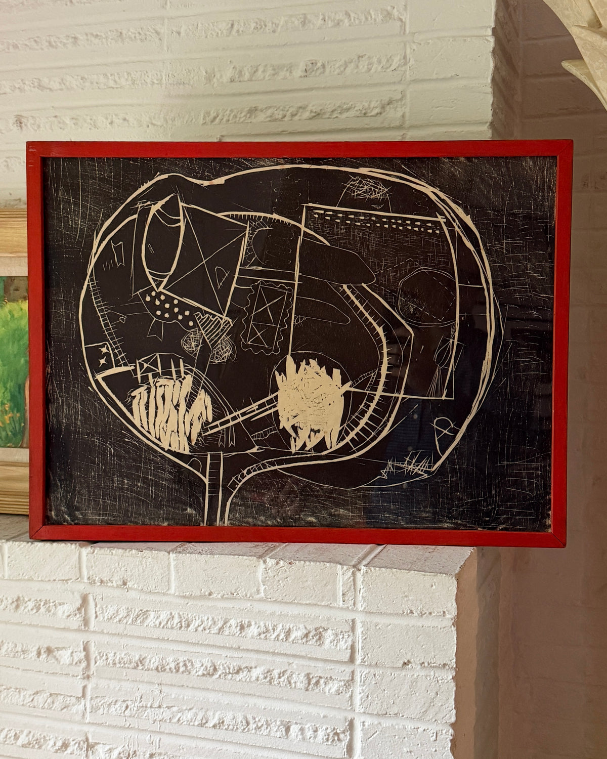 Mid 20th Century Abstract Block Print, Vintage Red Frame, Eunice Parsons Collection