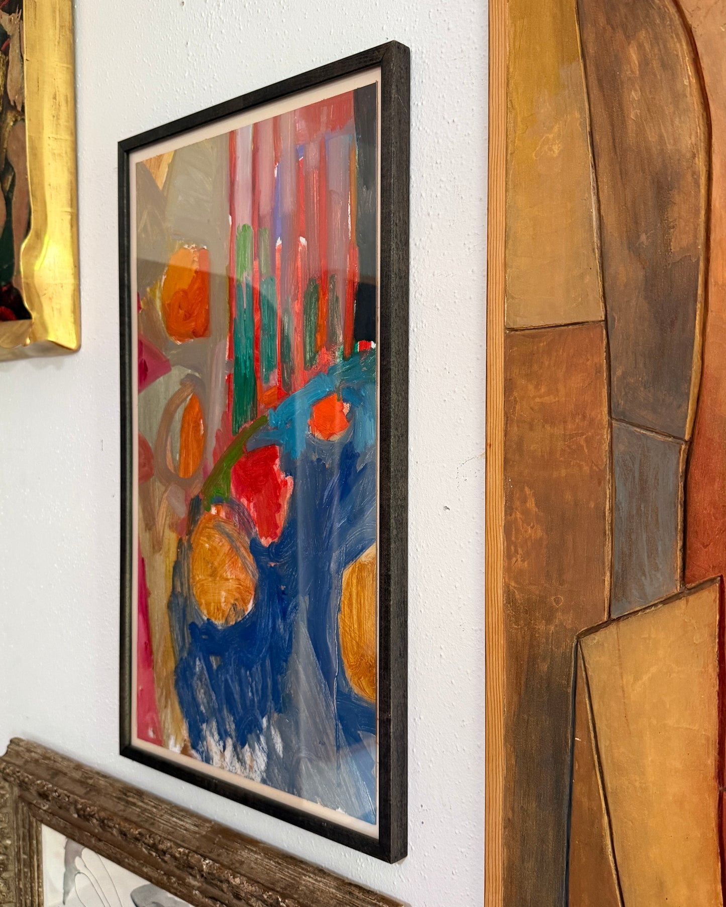 Abstract still life painting on paper by Margie Lee (1950-2021) framed