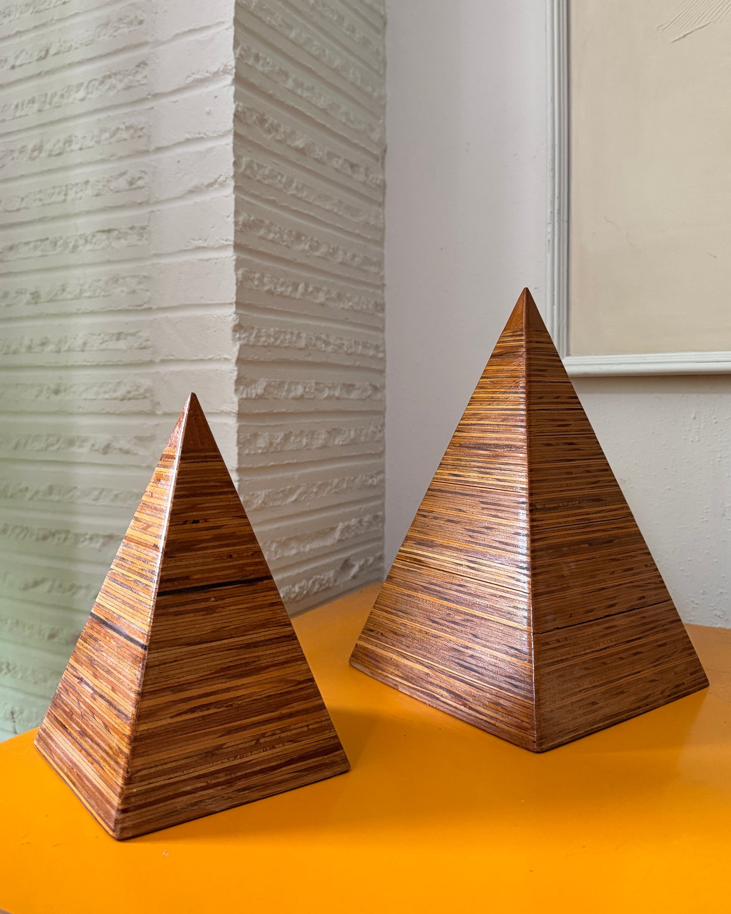 Pair Mid 20th Century Stacked Laminated Plywood Pyramid Table Sculptures