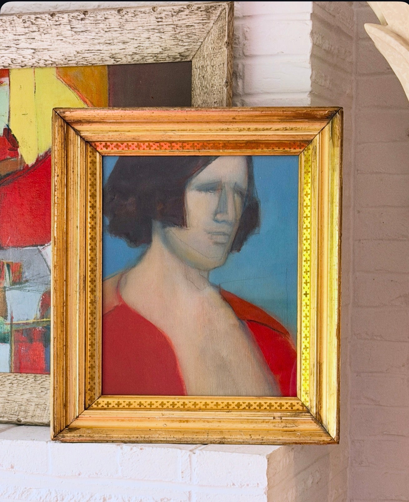 1960s Abstract Portrait Painting by Todd Chalk (b. 1929) in Antique 19th Centruy Gilt Frame