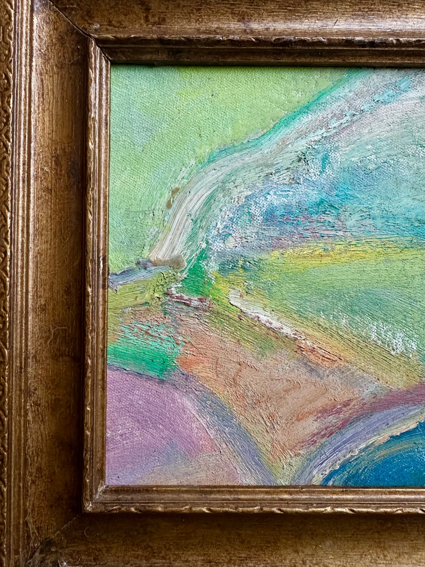 1960s abstract expressionist painting, signed, vintage wood frame