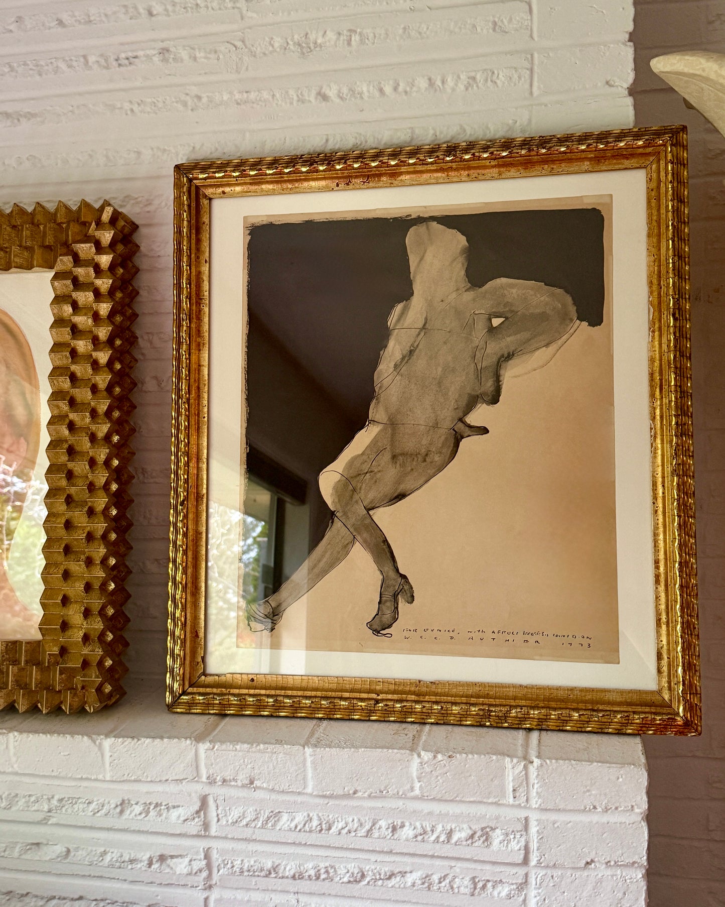 Abstract figurative ink on paper 1973 W.C.C.D Authier drawing in Scarce Rippled 19th Century Frame