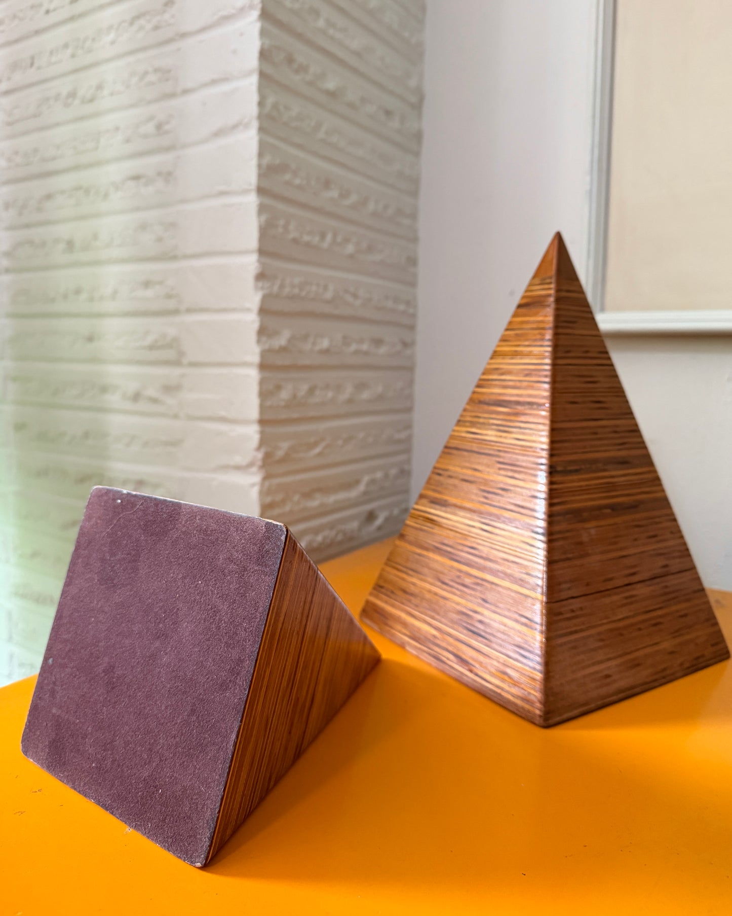 Pair Mid 20th Century Stacked Laminated Plywood Pyramid Table Sculptures