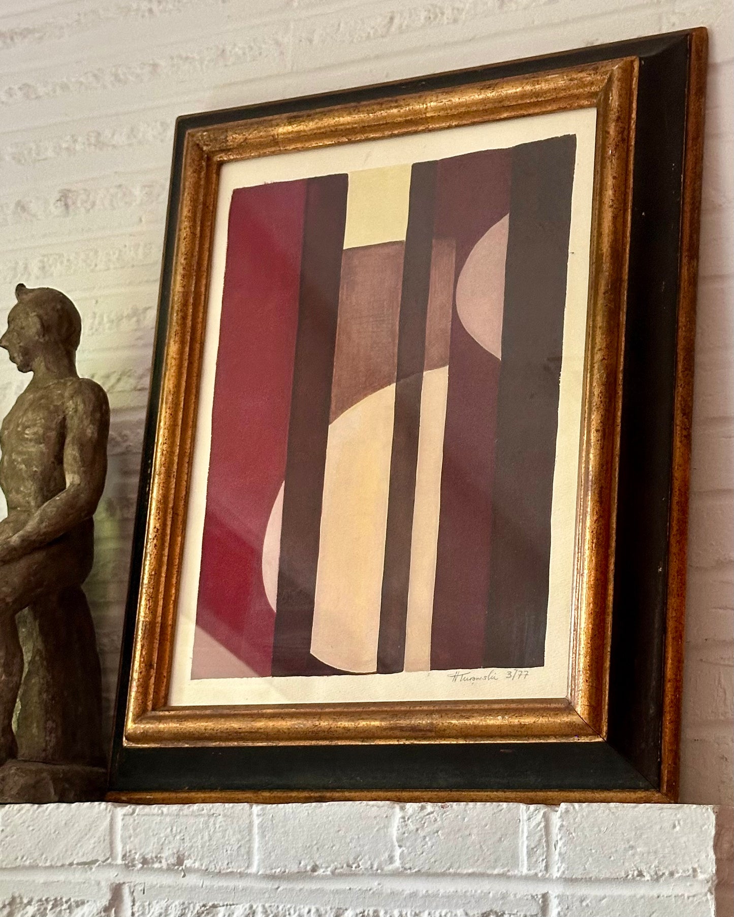 1977 Abstract Watercolor, signed H. Turowski, 19th century silver gilt frame