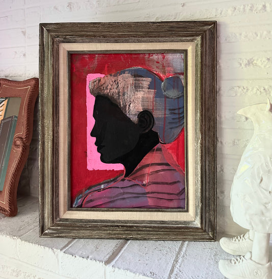 Contemporary abstract silhouette portrait painting in vintage wood frame