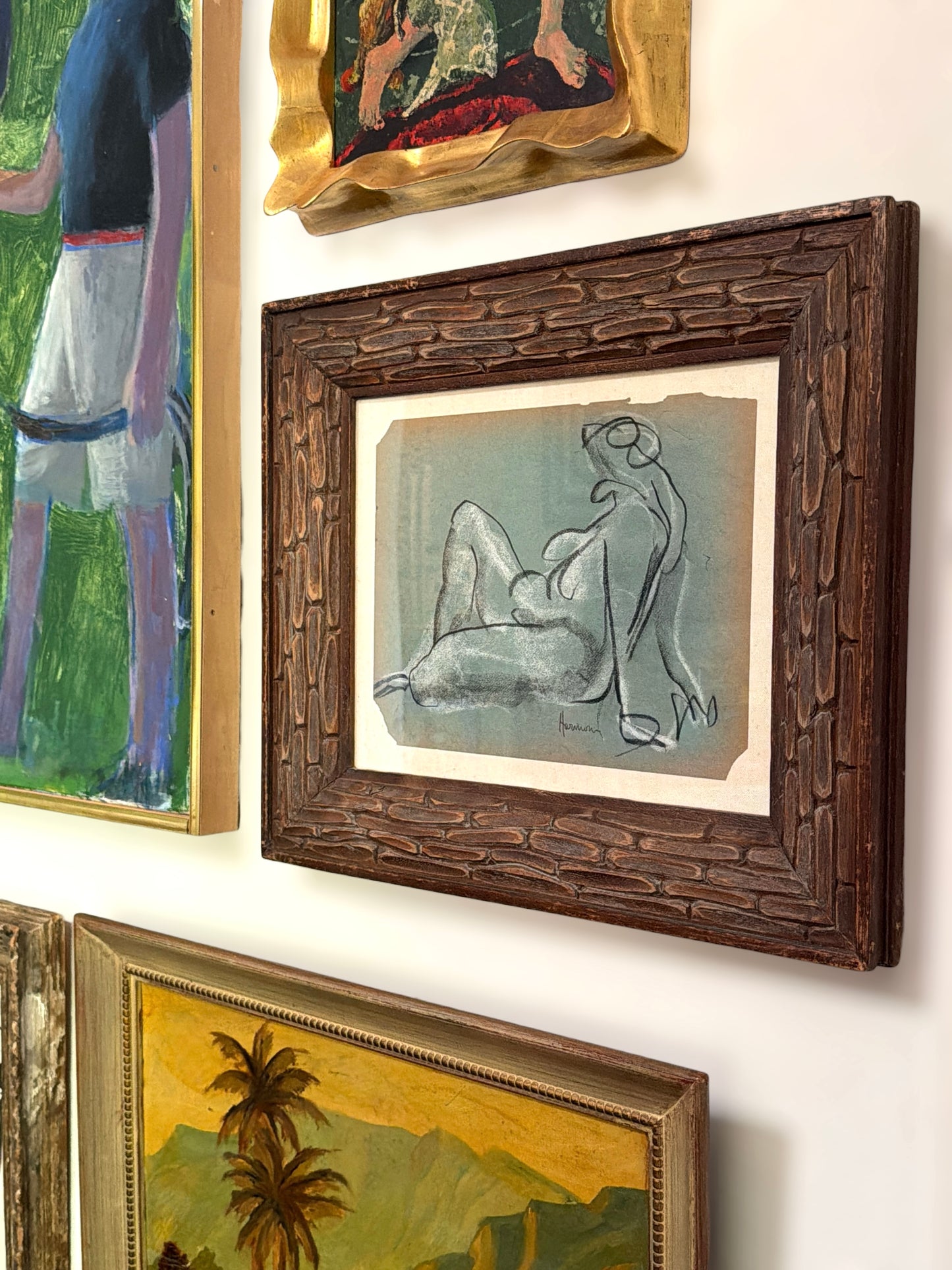 American 20th Century Oil Pastel Figurative Drawing, Mamie Harmon (1906-1993) Vintage Frame