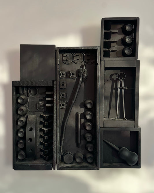 Artist Made Black Assemblage in the manner of Louis Nevelson, Signed & Dated