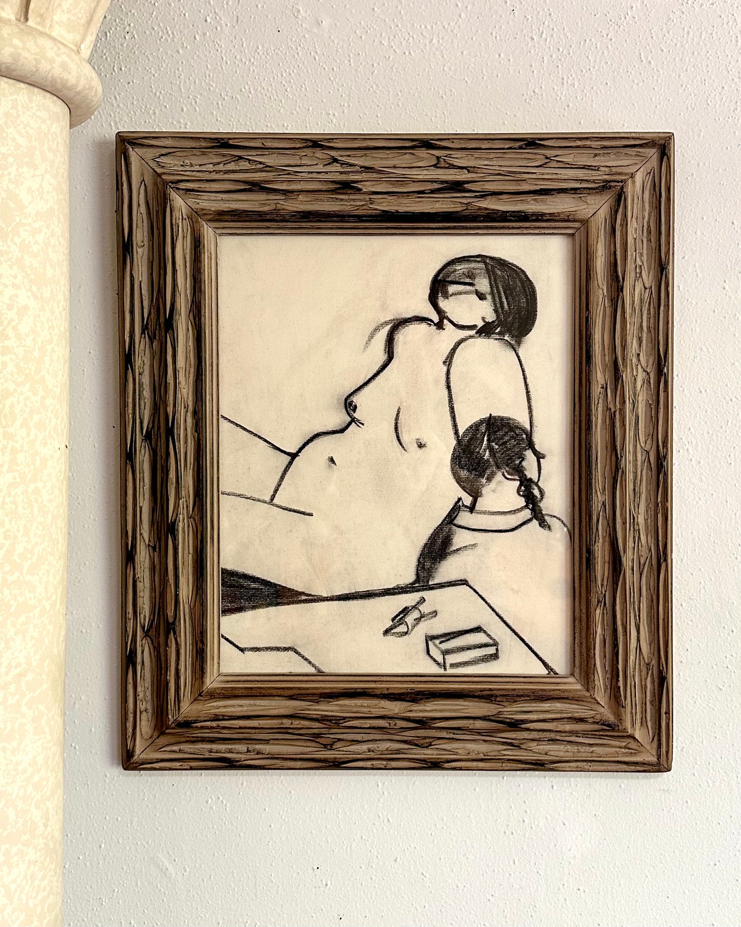 1960s Roger Long charcoal drawing seated nude in vintage carved wood frame
