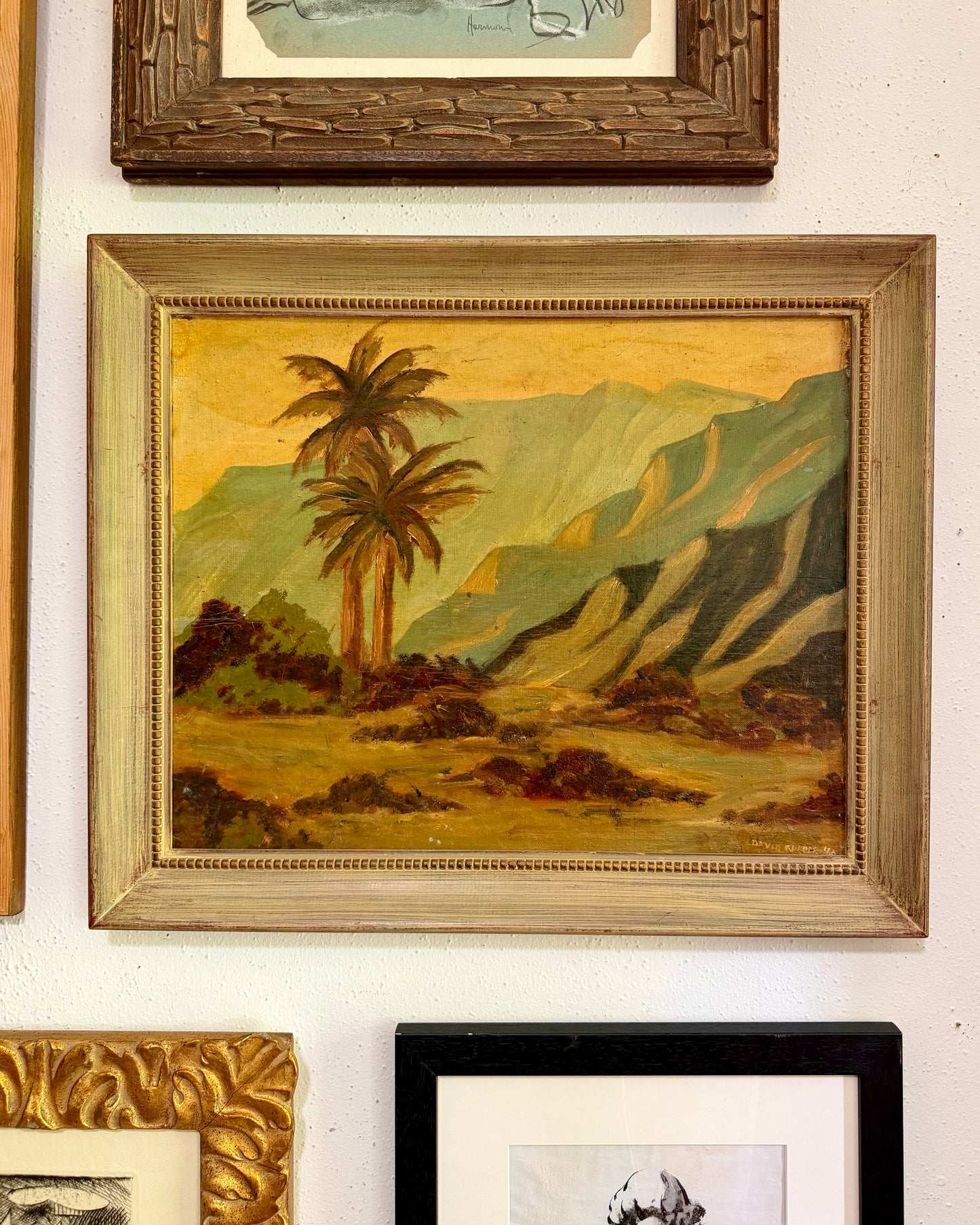 Signed 1960 David Slader Oil Painting Desert Palm Landscape in Vintage Frame