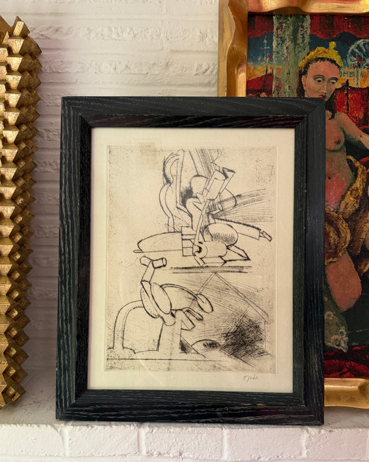 1963 John Mart Opie (b.1936) Intaglio “Drawing of Two Sculptures” in Cerused Oak 1950s Frame