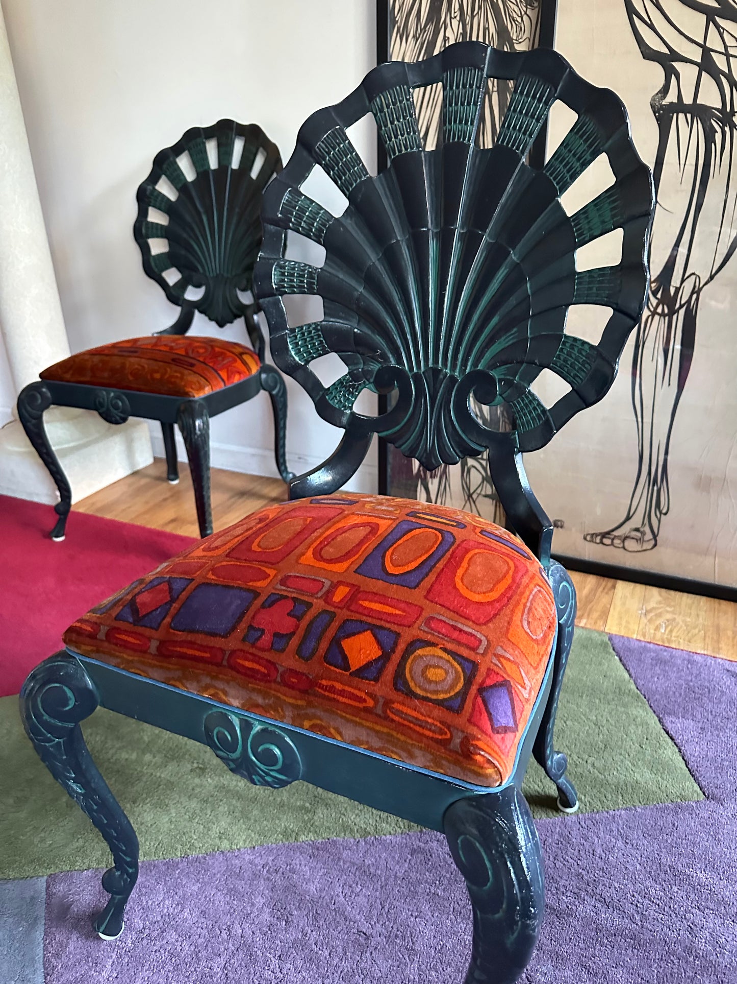 Pair of Vintage Grotto Chairs with Jack Lenor Larsen Upholstered seats