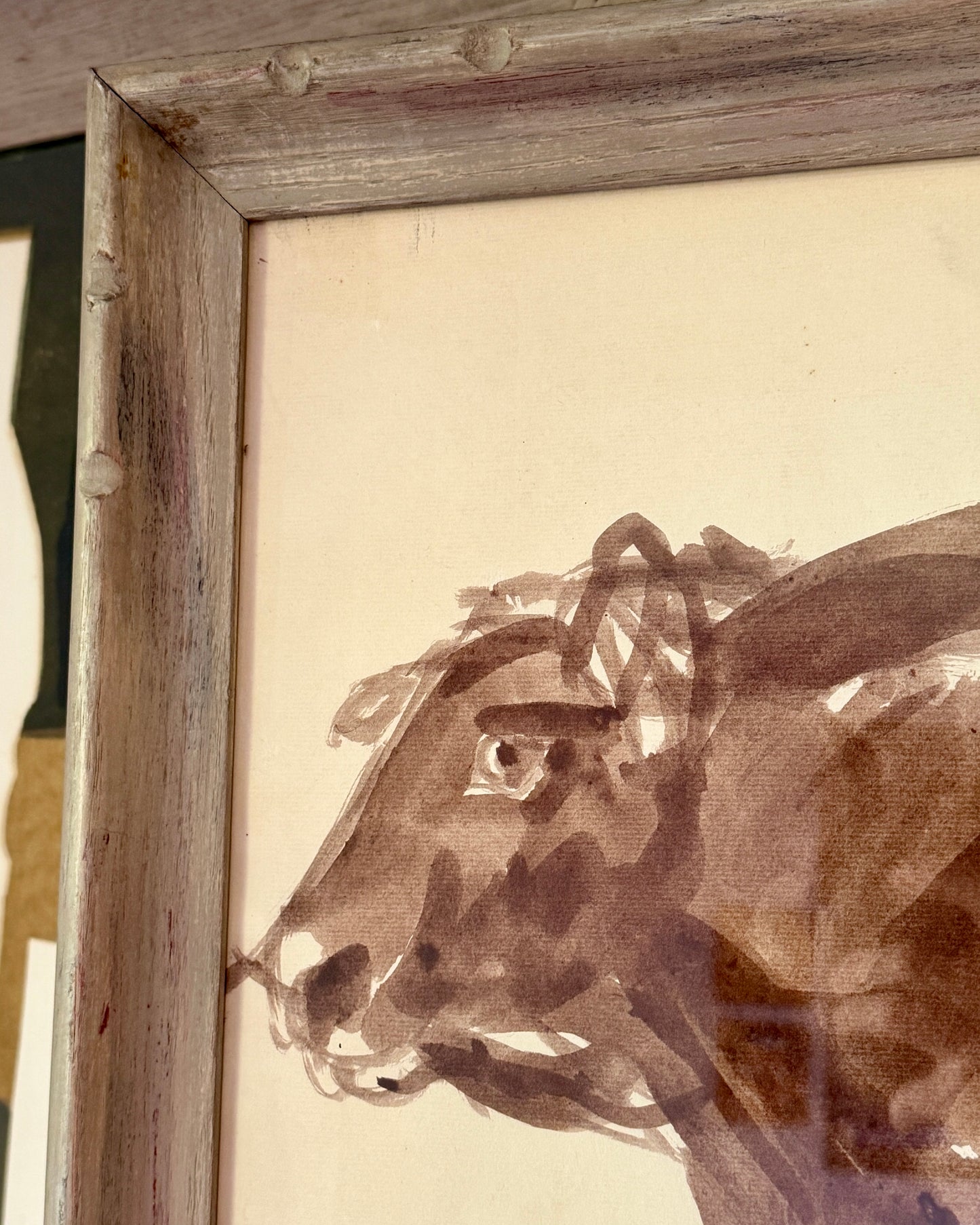1950s Ink Wash Cow Painting On Paper, Eunice Parsons (1916-2024) in Period Wood Frame