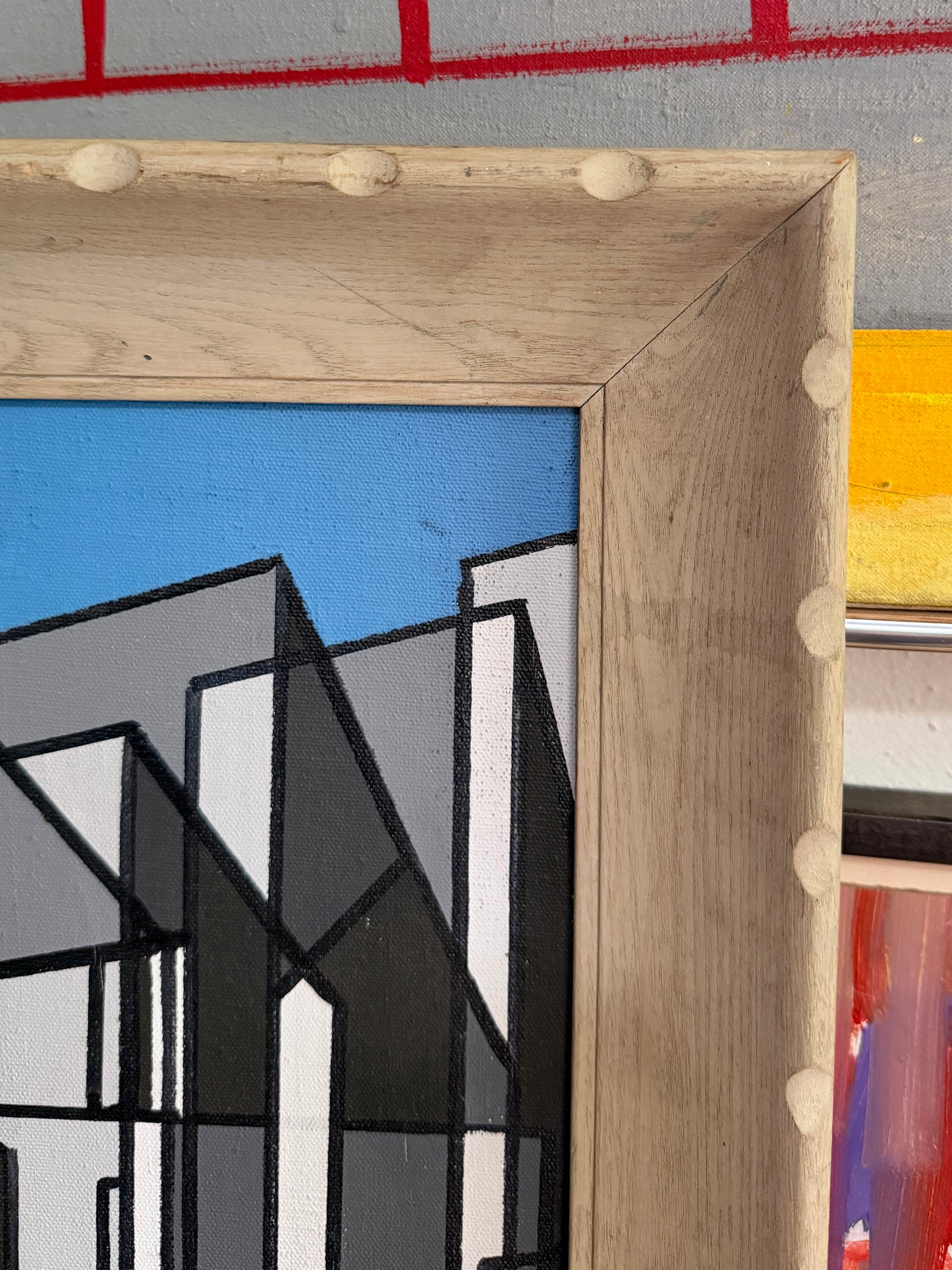 20th century geometric abstract paint on canvas, vintage cove frame