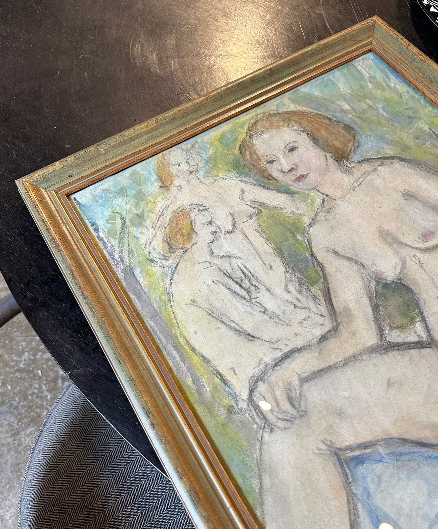 Circa 1940s Watercolor seated nude, framed