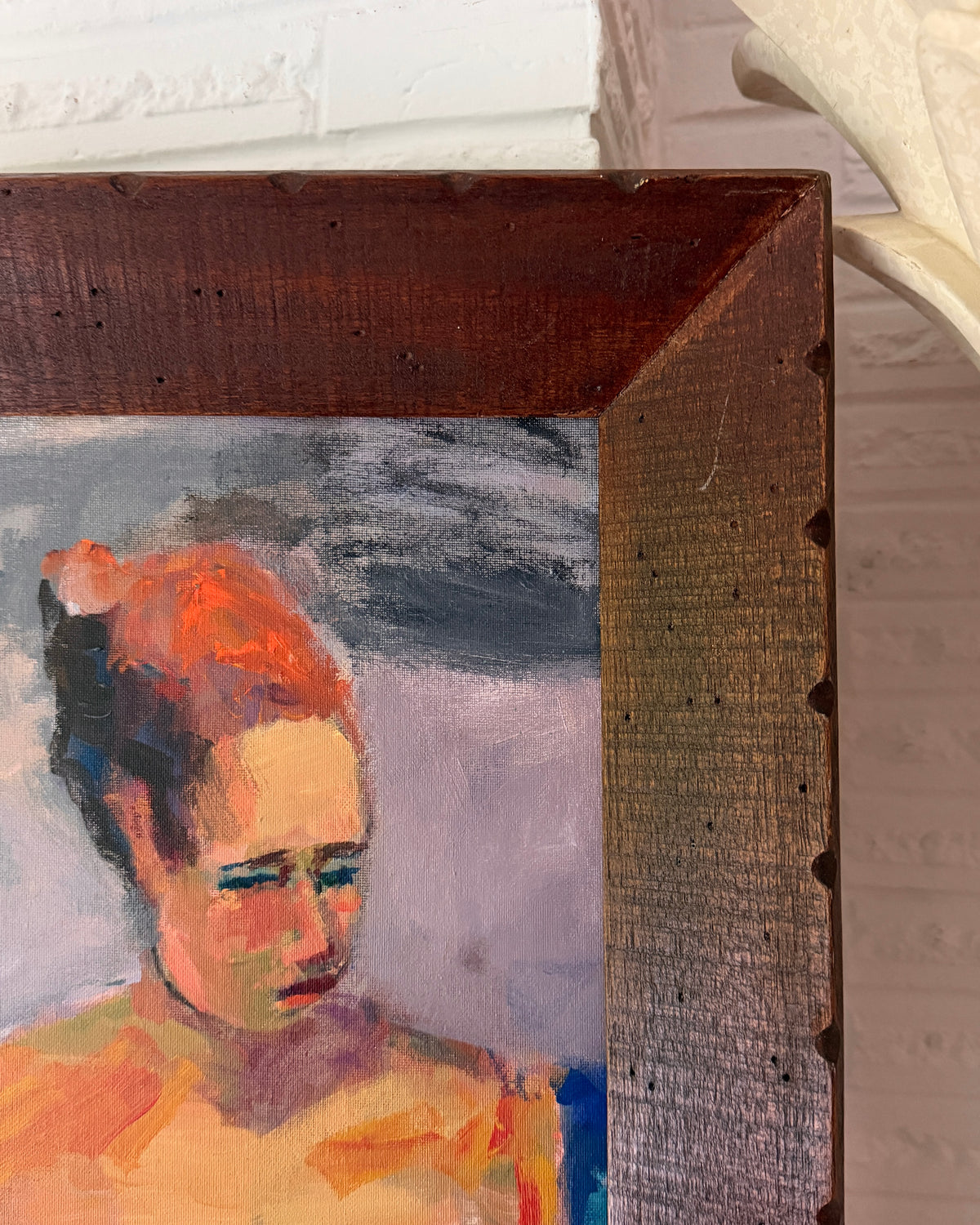 Sad Girl Portait Painting on Canvas Board by Margie Lee (1950-2021) in vintage frame