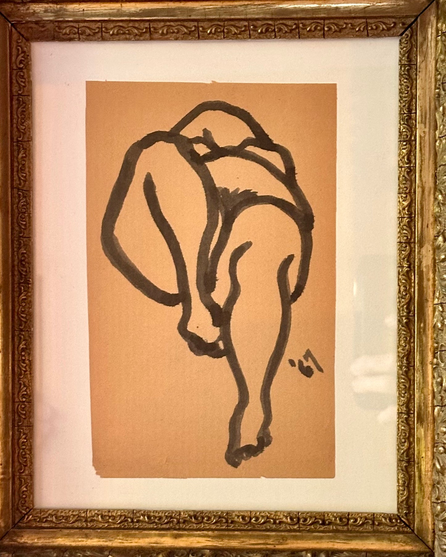 1967 abstracted figure drawing in ink on paper, 19th century ornate gilt frame
