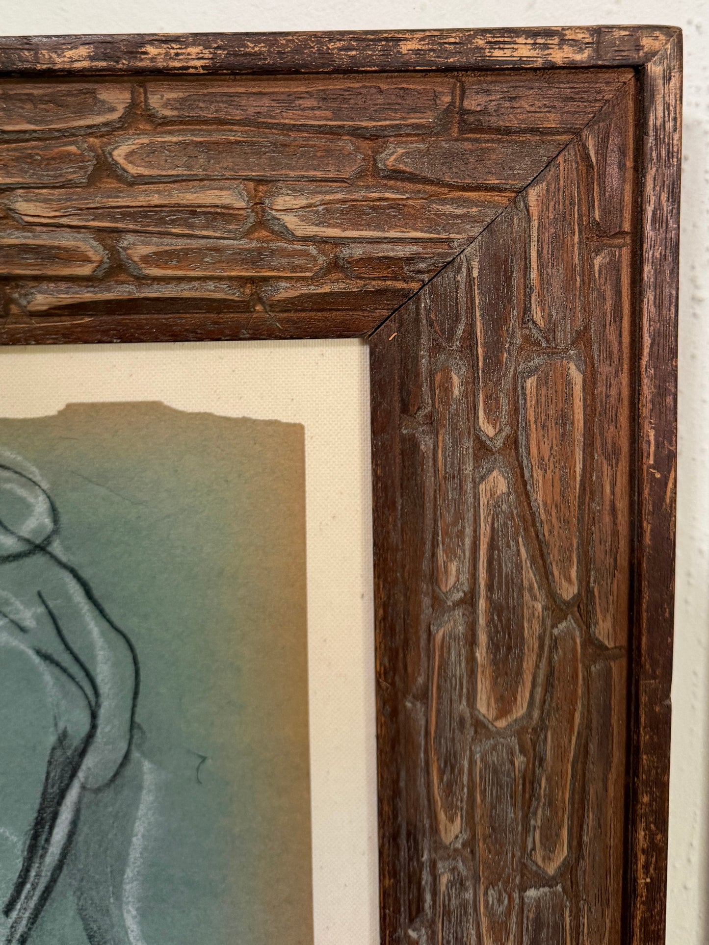 American 20th Century Oil Pastel Figurative Drawing, Mamie Harmon (1906-1993) Vintage Frame