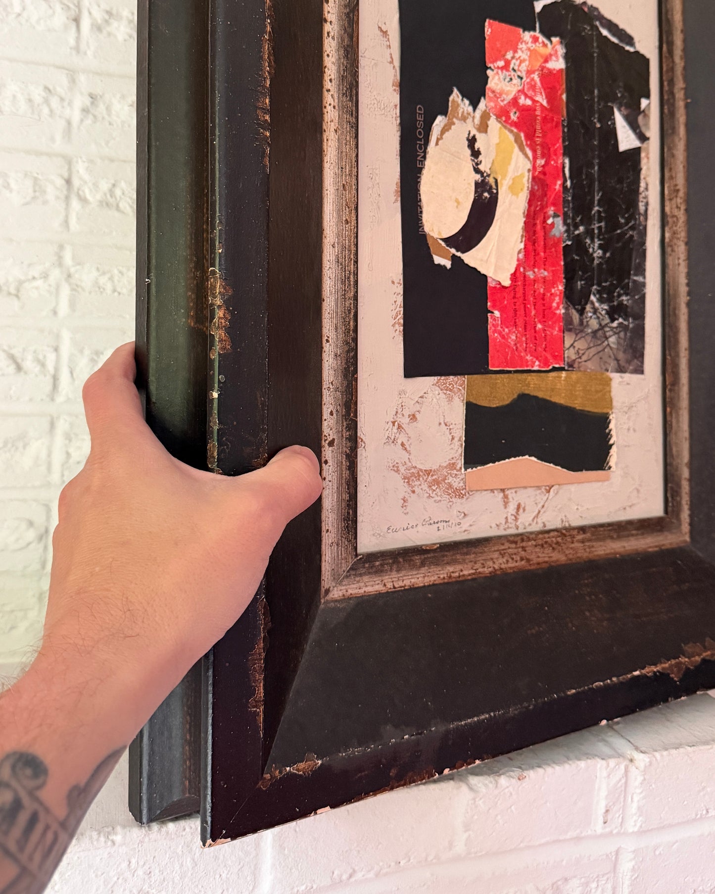 Eunice Jensen Parsons (1916-2024) Modernist Mixed Media Collage 2010, Distressed Solid Wood Italian Frame