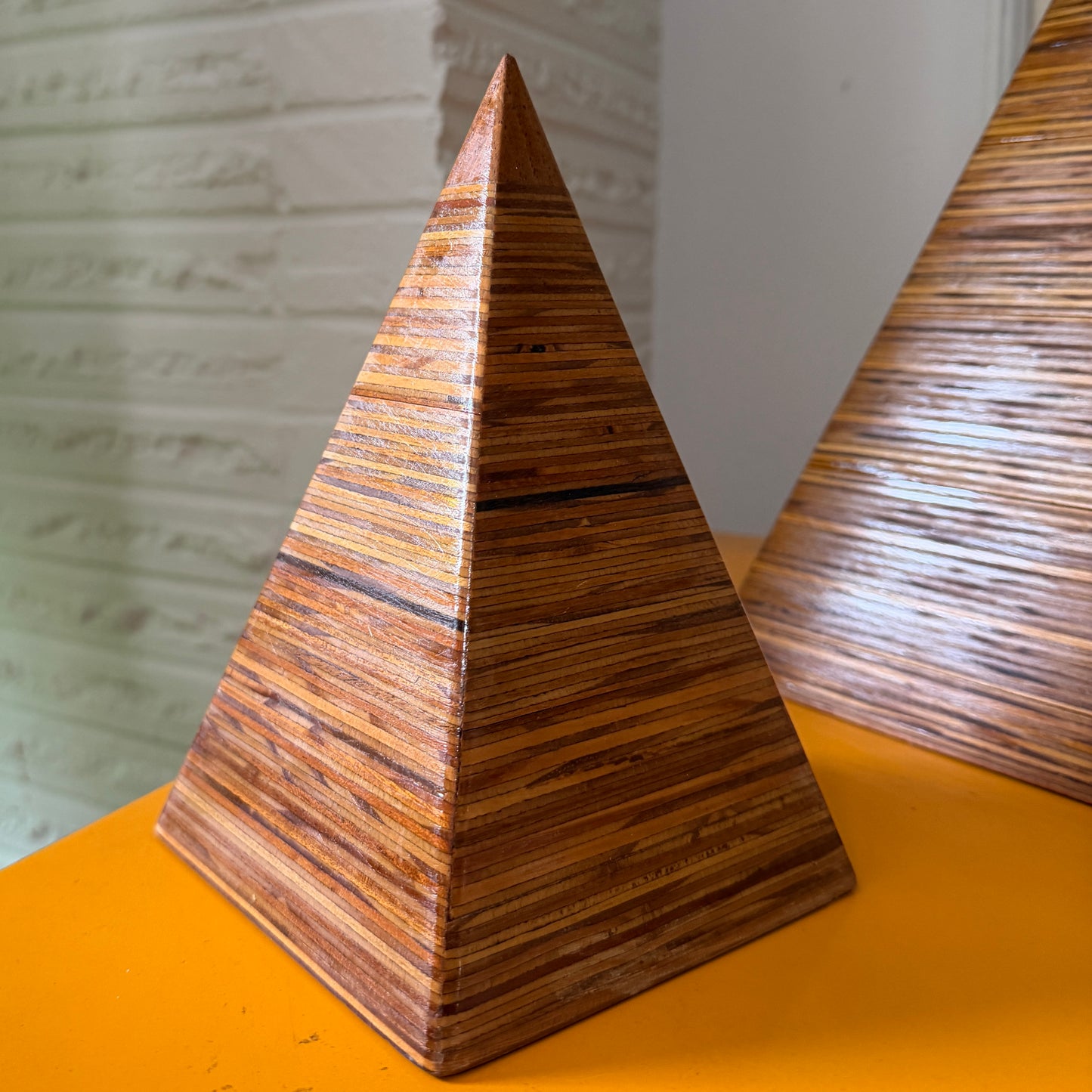 Pair Mid 20th Century Stacked Laminated Plywood Pyramid Table Sculptures