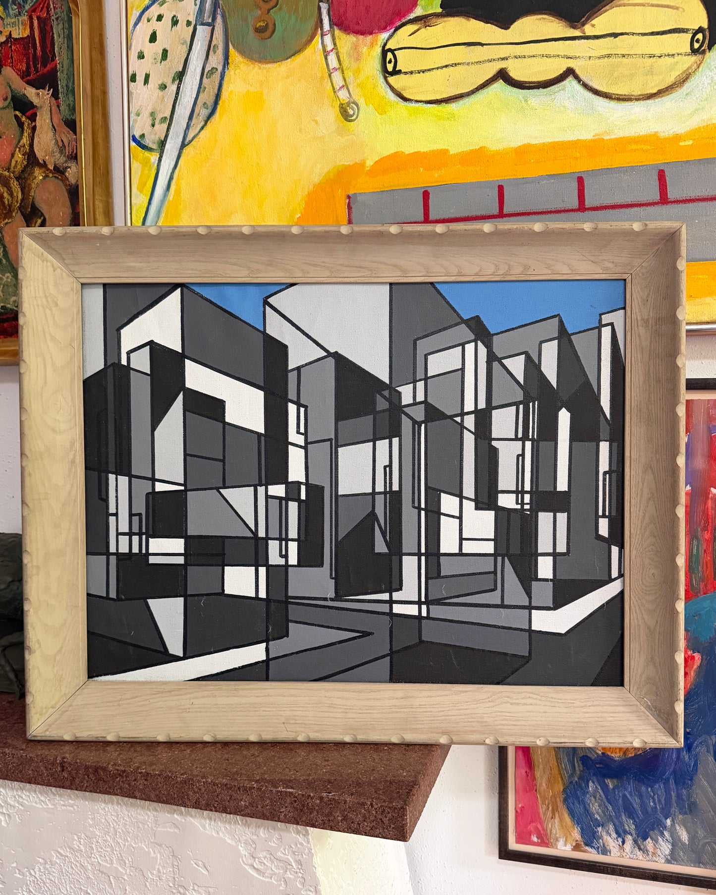 20th century geometric abstract paint on canvas, vintage cove frame