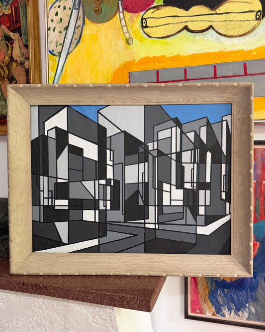 20th century geometric abstract paint on canvas, vintage cove frame