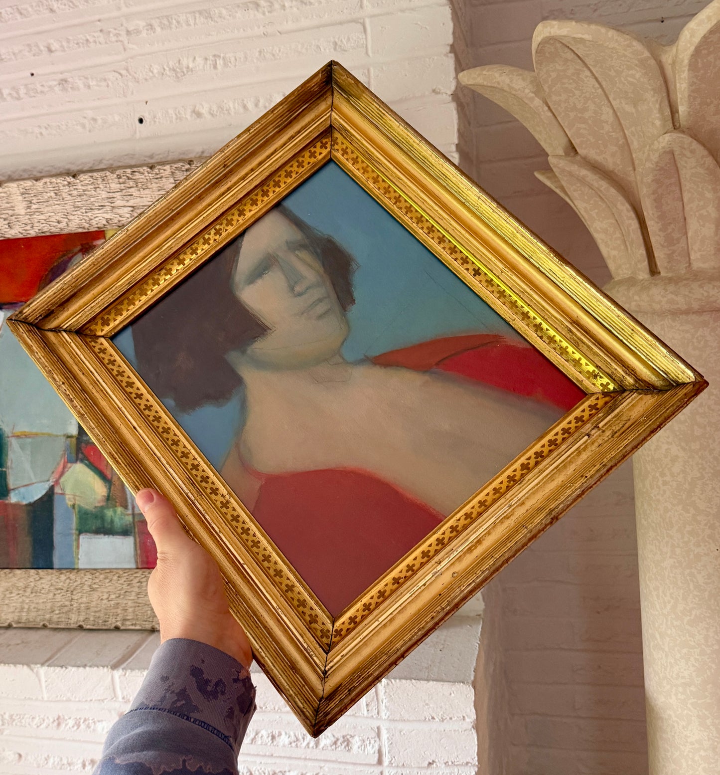 1960s Abstract Portrait Painting by Todd Chalk (b. 1929) in Antique 19th Centruy Gilt Frame