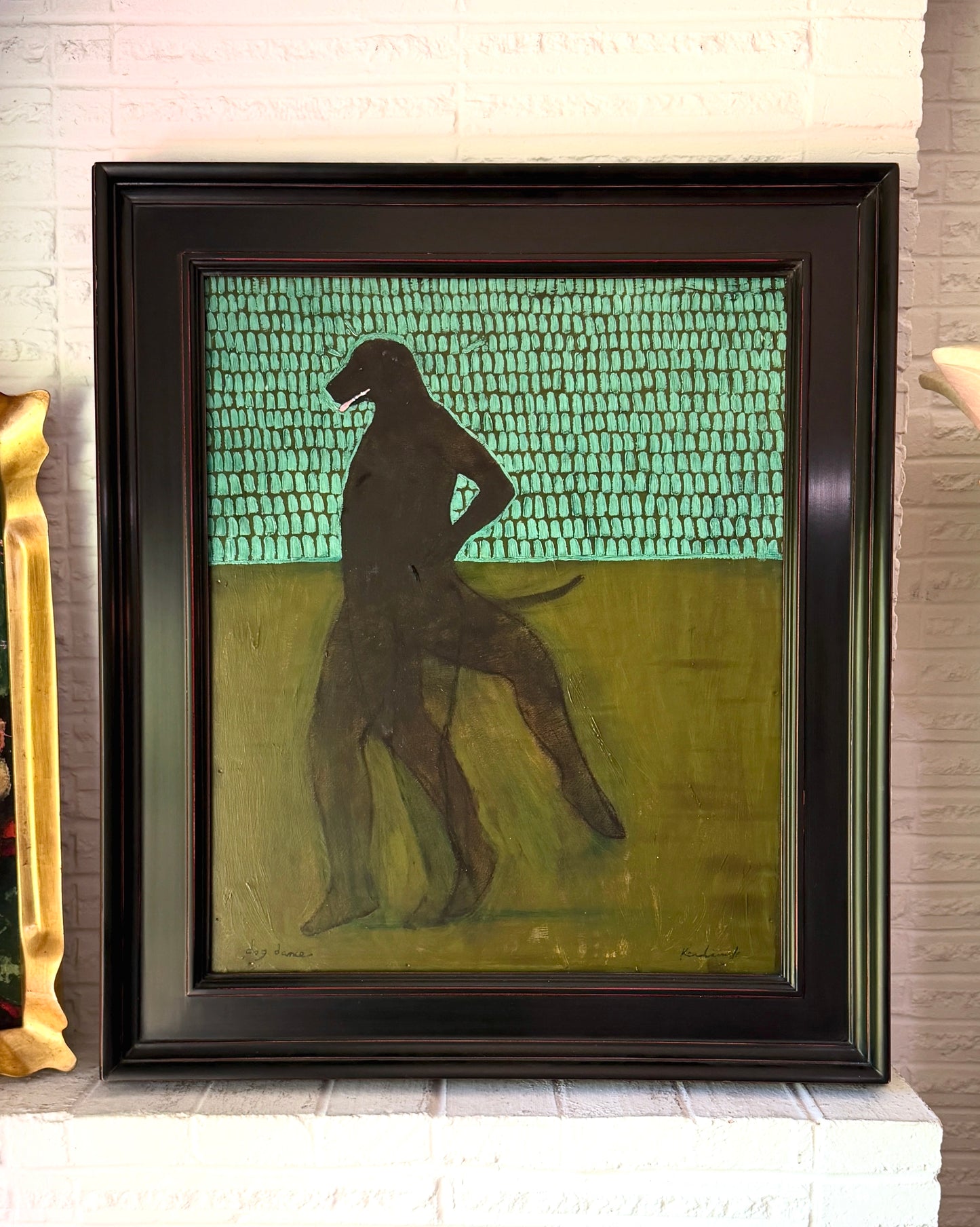 “Dog Dance” oil on panel by artist Brian Kershishnik, custom framed