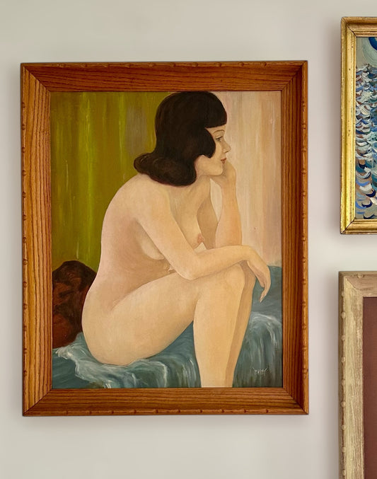 Seated Nude Oil on Canvas by W. Tallman, Vintage Oak Cove Frame, 1958