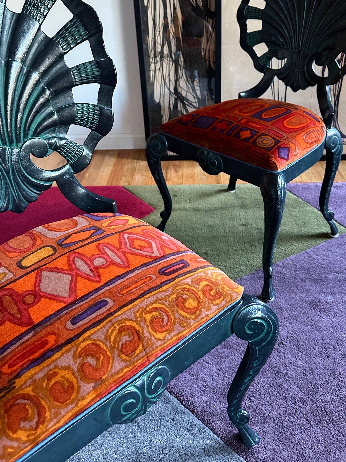 Pair of Vintage Grotto Chairs with Jack Lenor Larsen Upholstered seats