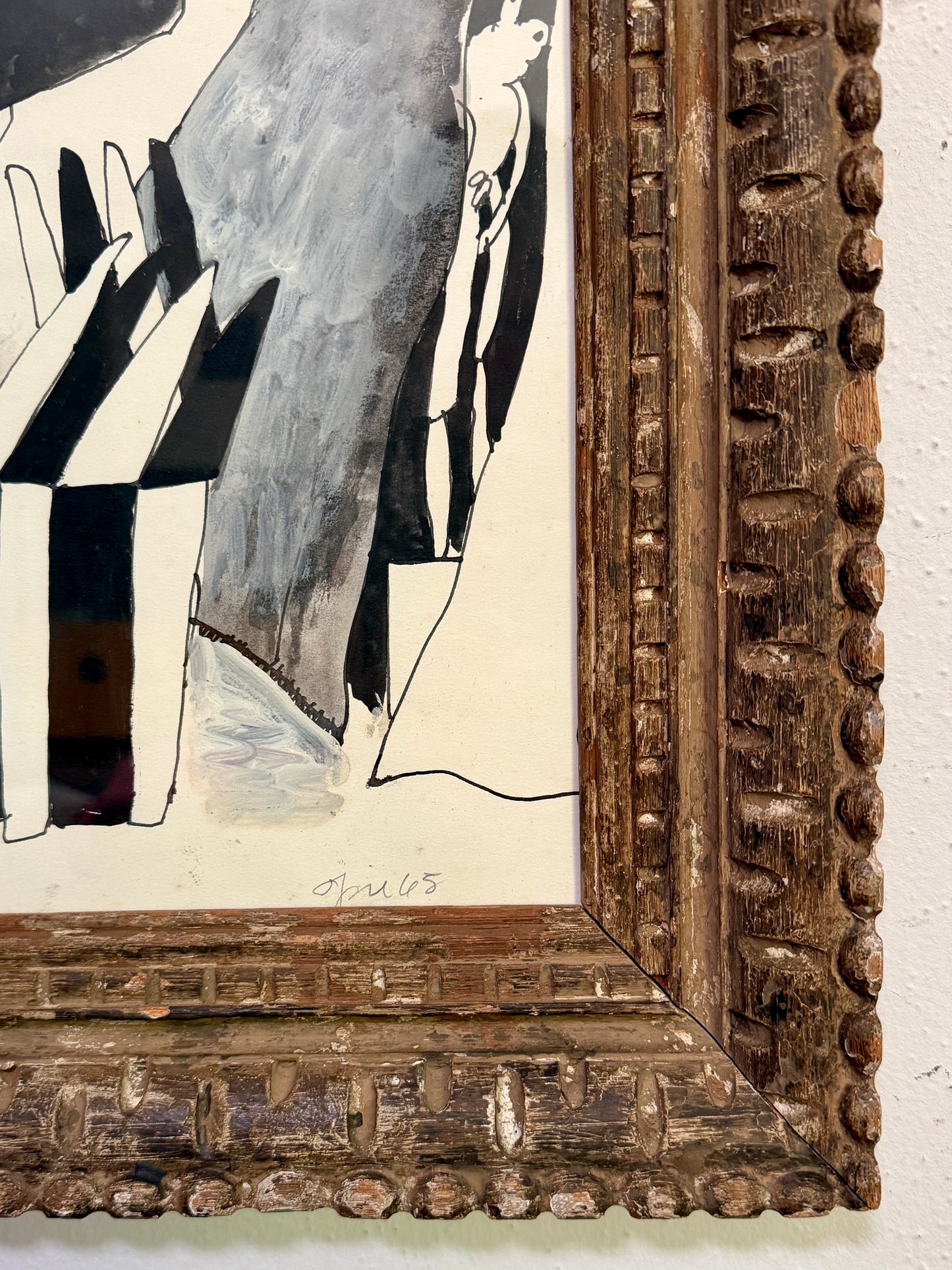 20th Century American John Mart Opie (b. 1936) Abstract Painting in B&W, Vintage Carved Wood Frame