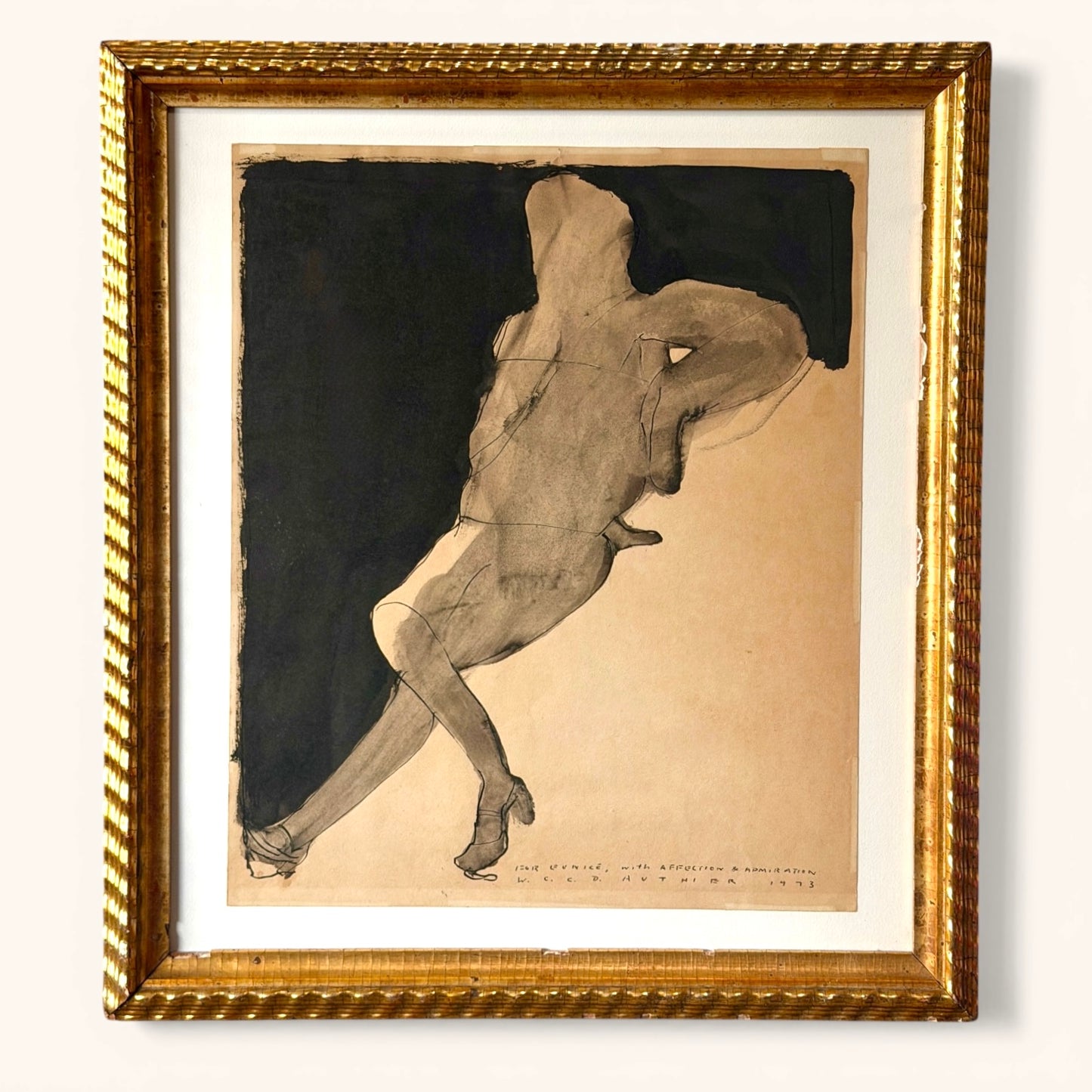 Abstract figurative ink on paper 1973 W.C.C.D Authier drawing in Scarce Rippled 19th Century Frame